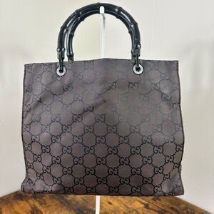 Gucci Bamboo Nylon Tote Bag Brown Black Vintage